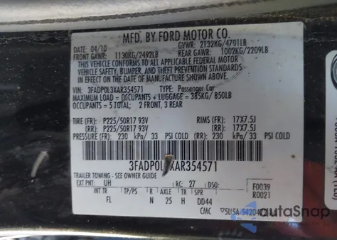 2010 Ford Fusion Hybrid из США, поврежденный, VIN 3FADP0L3XAR354571